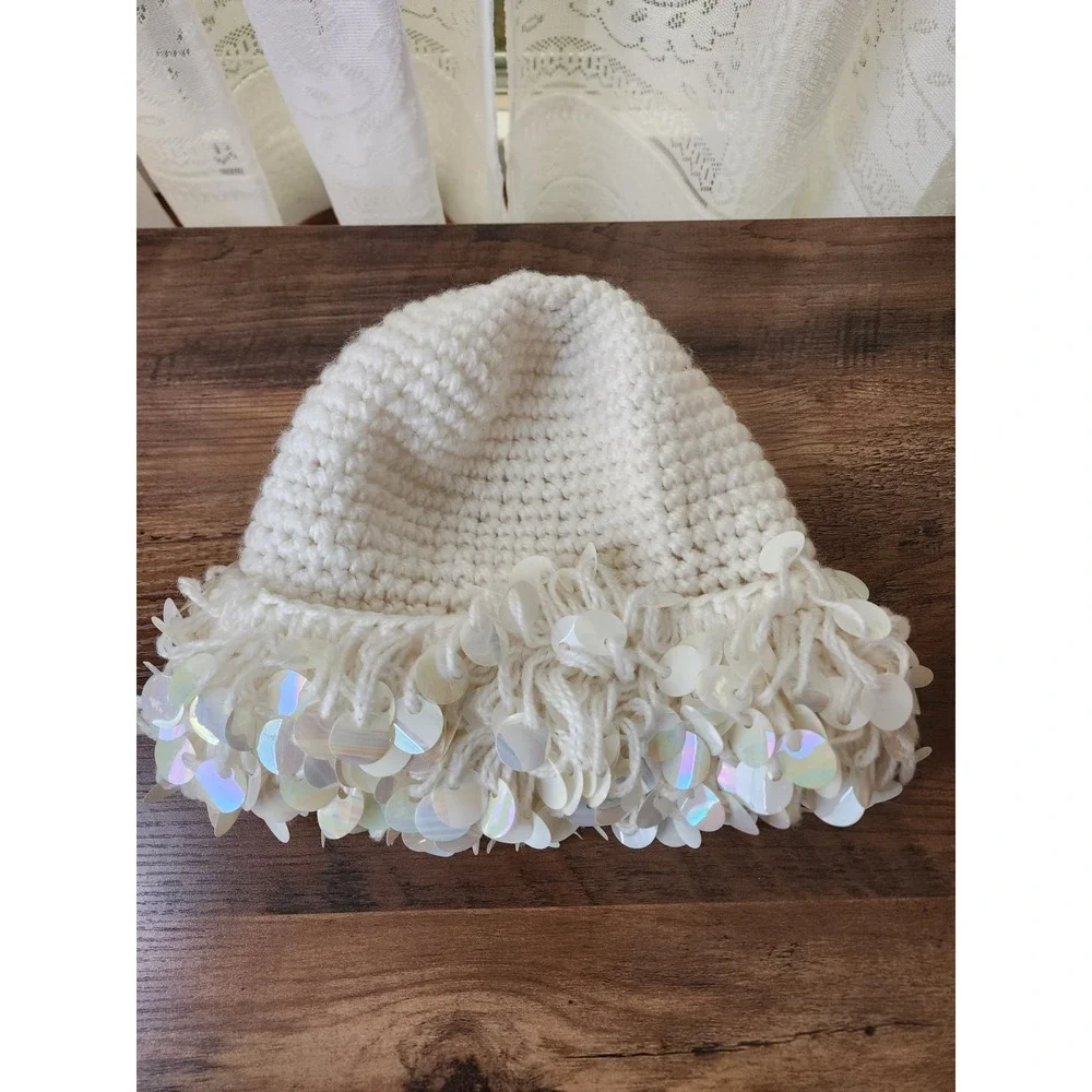 Vintage Crochet Beanie Hat Shimmer Paillettes Twee Euro Winter Chic Winter White